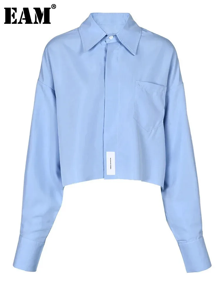 Женская блузка с отложным воротником EAM синяя Короткая свободная рубашка длинным