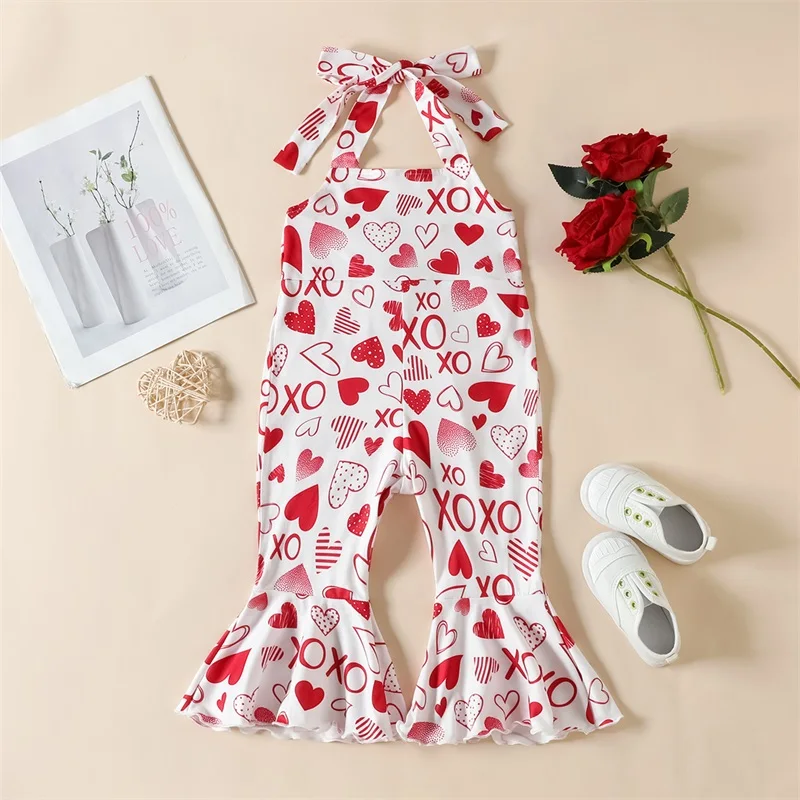 

Toddler Baby Girl Valentine’s Day Outfit Cute Heart Print Sleeveless Halter Jumpsuit Elastic Waist Bell Bottoms Pants