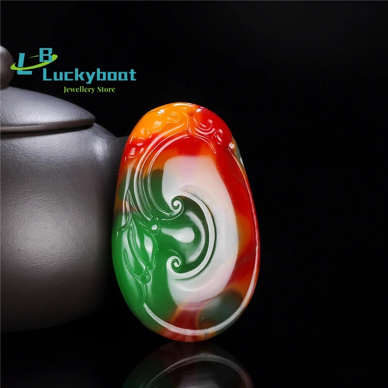 

Xinjiang Natural Gobi Gold Silk Colorized Chicken Blood Jadeite Flowering Carved Longevity Ruyi Pendant Elder's Birthday Gift