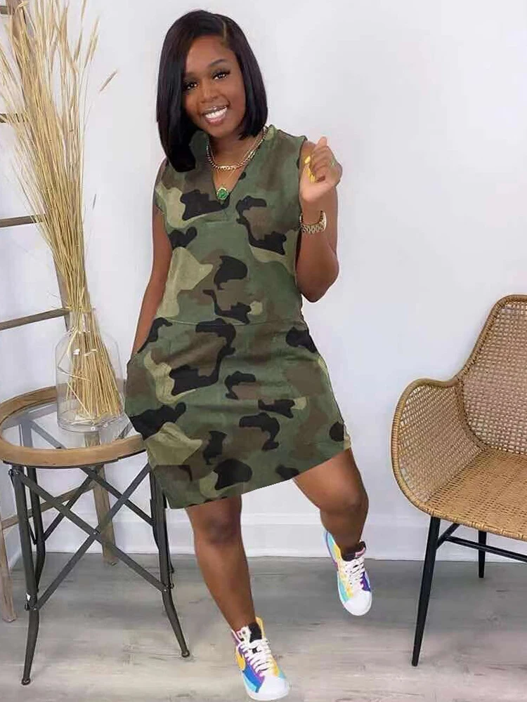 

Camouflage Print Women's T-shirt Short Dress Casual Fashion Deep V Neck Sleeveless Vestidos Summer Side Pockets Straight Dresses
