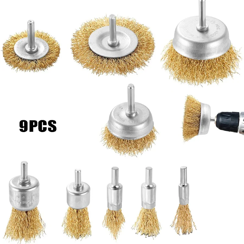 

Cross Border 9 Piece Wire Brush Grinding Wheel Rust Removal Wire Wheel Set with 1/4" Handle Brush Set