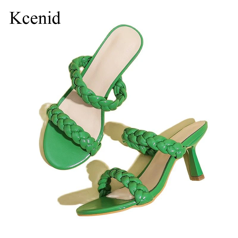 

Kcenid 2022 New Summer Weave Women Slippers Fashion Open Toe Low High Heel Sandals Female Leisure Ladies Heels Pumps Shoes Woman