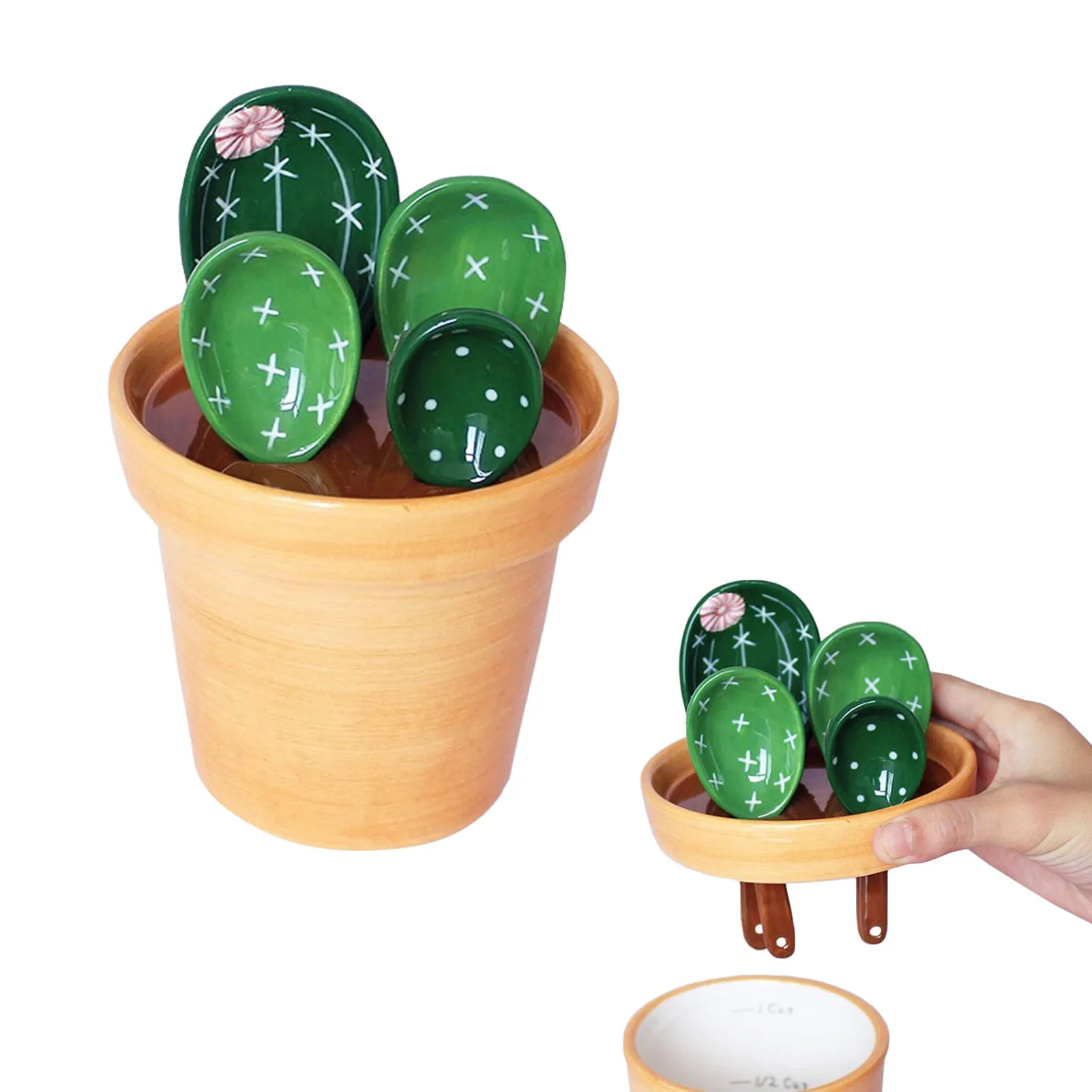 Cactus Measuring Spoons Set in Pot Ceramic Baking Measuring Spoons Cup with Holder for Dry Wet Ingredients Cute Cactus Figurine