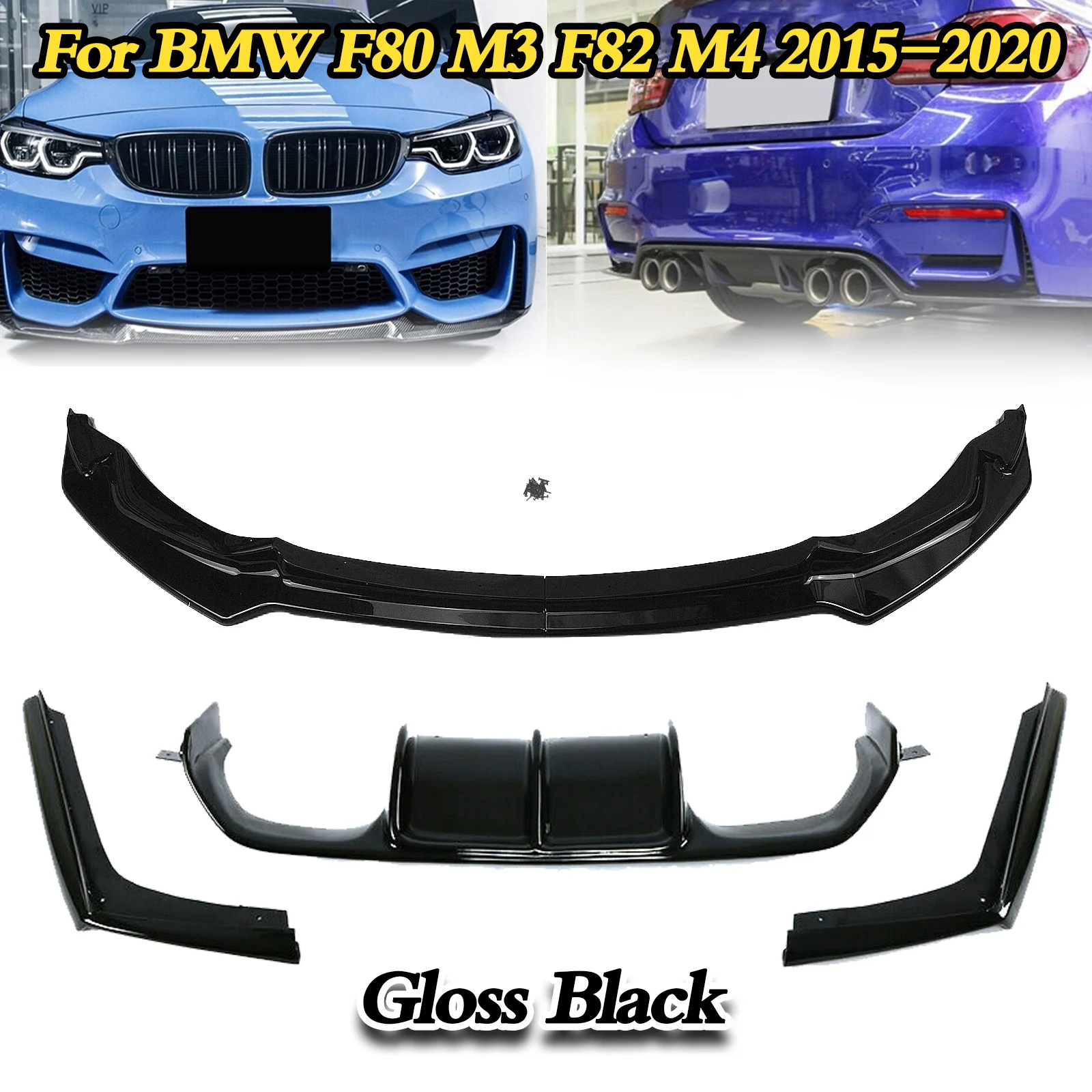 

Glossy Black Car Front Lower Bumper Spoiler Lip & Rear Diffuser Bracket Splitter Plate For BMW M3 F80 M4 F82 F83 2015-2020