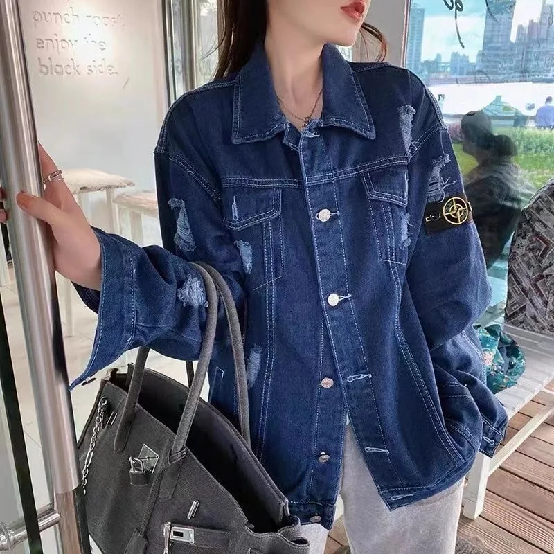 

Fashion Casual ripped denim jacket 2023 Autumn All-match Lapel Top Commuter Design Sense Full Sleeve Loose Cotton Female