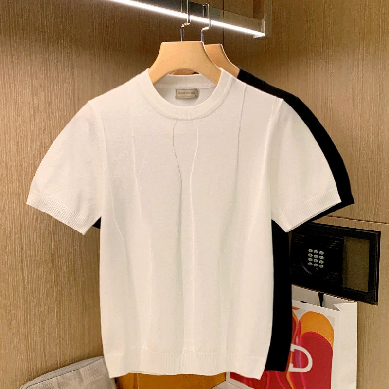 

Men's Summer Knitted Short Sleeve T-Shirt Round Neck Pullover Solid Color Teen Slim Short Sleeve Trend Style Breathable A24