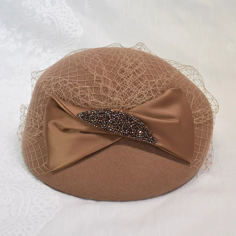 

202209-chen dropshipping luxury rhinestones satin bow tie wool felt mesh formal lady beret hat women Leisure painter hat