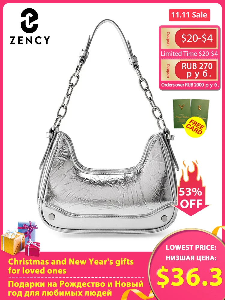 

Zency 2023 Women's Silver Leather Bag Small Chain Underarm Bag Retro Crossbody Handbag With 120cm Adjustable Strap Luxury 2023