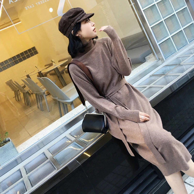 

Women Autumn Winter Sash Sweater Knitted Dresses Slim Elastic Turtleneck Long Sleeve Bodycon Lace Up Robe Dresses