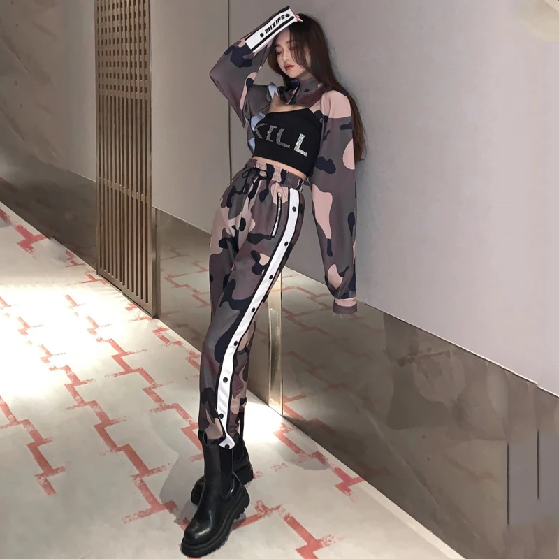 

Женская одежда для джазовых танцев, камуфляжный укороченный топ с отражающими карманами, тренировочные штаны в стиле хип-хоп с высокой талией, костюмы в стиле хип-хоп
