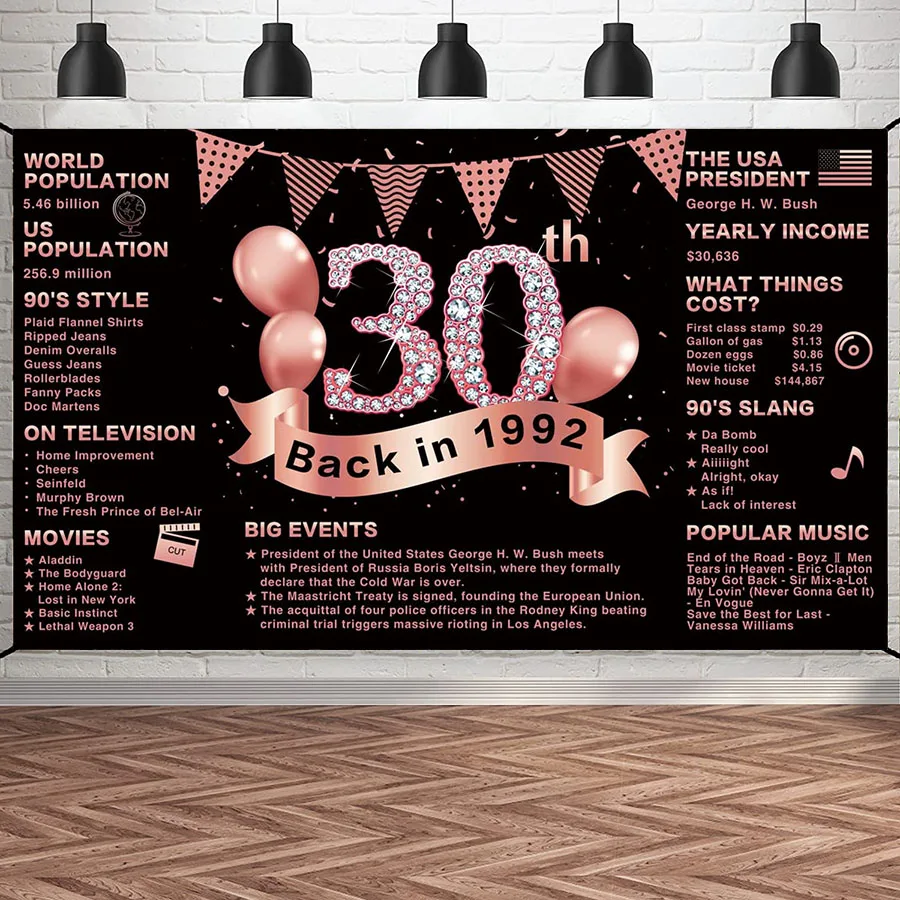 

Happy 30th Birthday Party Backdrop Back in 1992 Table Banner Rose Gold Balloon Pennant Wall Poster Photo Booth for Girls Women