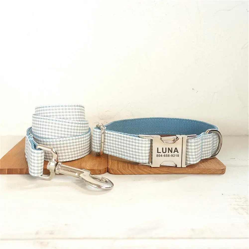 

Personalized Pet Collar Free Engraving Customized Puppy Cat Nameplate ID Tag Adjustable Blue Plaid Basic Collars Lead Leash