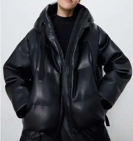 Casual Fashion Imitation Leather Cotton Jacket Women 2023 Winter New Solid Color All-match Hooded Cotton Coat