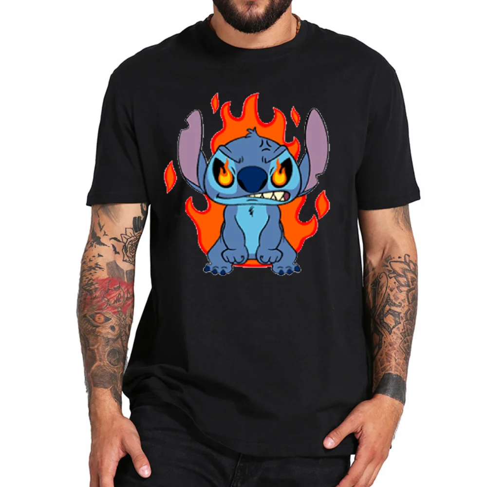 

Disney Nova Baby Stitch Cute Print Cotton T-Shirt Casual High Street Round Neck Short Sleeve Anime Men T-Shirt Fashion Black Top