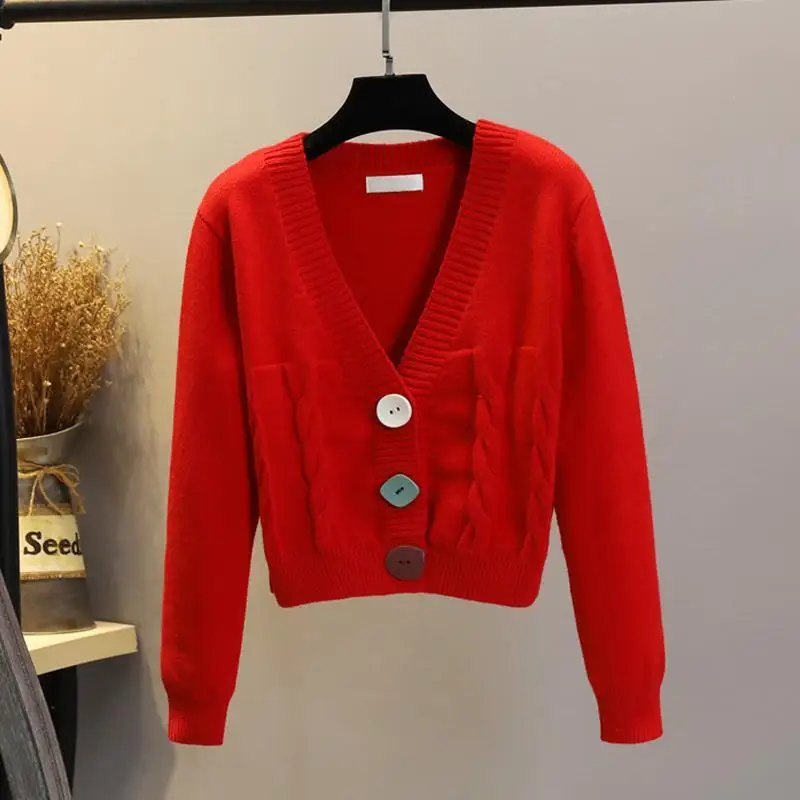 

Korean Fashion Women's Spring Jacket Short Coat Cardigans For Women 2021 2022 Chic Button Women's Sweater V-Neck カーディガン Jerseys