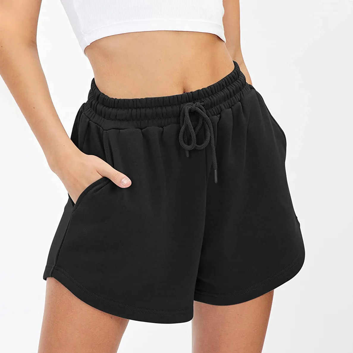

Womens Sweat Yoga Shorts Casual Summer Athletic Shorts Elastic Comfy Running Shorts High Waist Pockets Shorts
