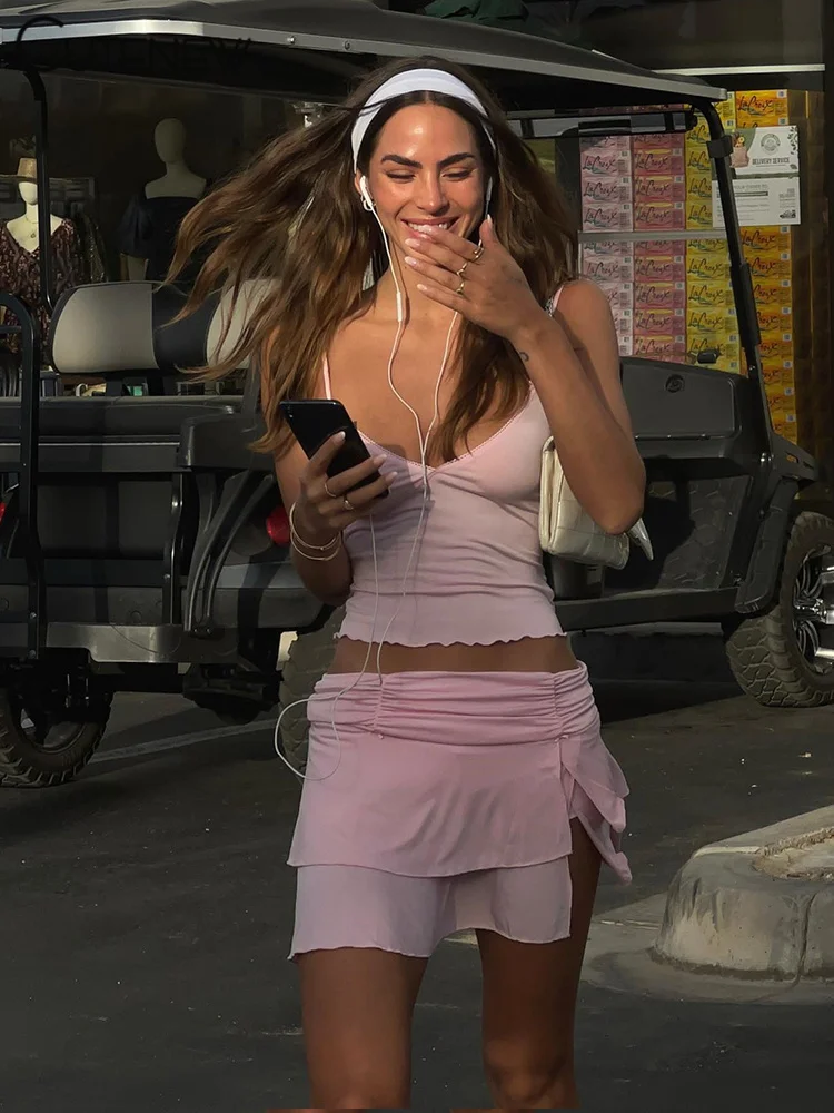 

Cutenew Women's Halter Two Pieces Sets Spaghetti Strap Camisole Hip Slim Mini Pleated Skirt New Streetwear Female Dress Suit Hot