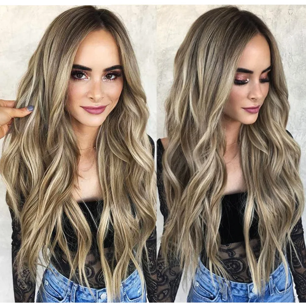 

Плотность 200 длинные волнистые волосы полный механизм парик Золотой Коричневый Женский синтетический парик женский ежедневный парик