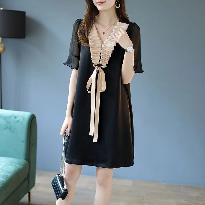 

Женское платье с V-образным вырезом, повседневное однотонное свободное платье средней длины с коротким рукавом, модель S34 в Корейском стиле ...