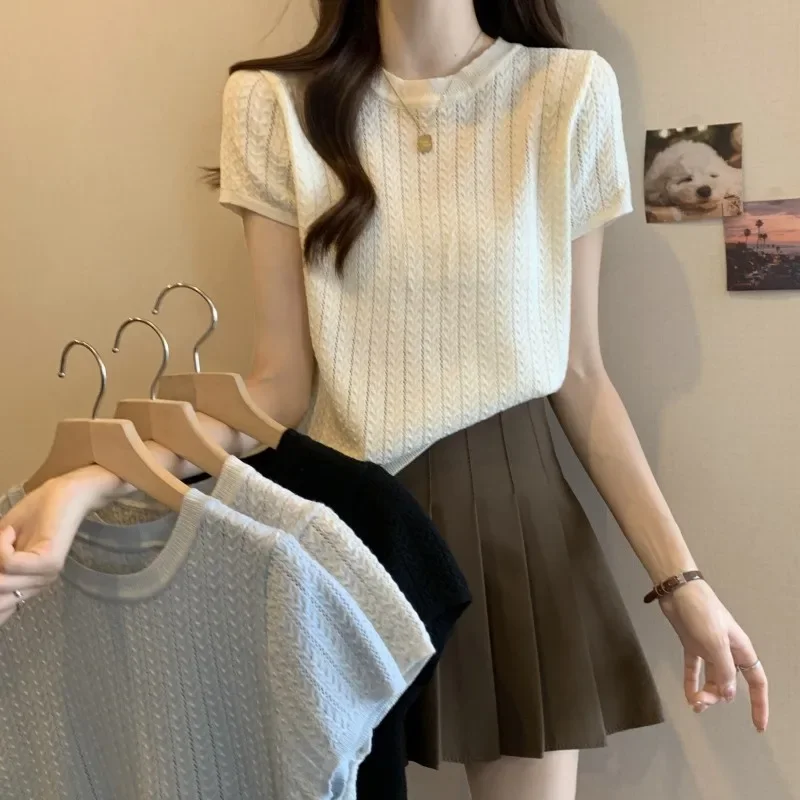 Новинка лета 2024 женская одежда трикотажный топ с коротким рукавом и круглым