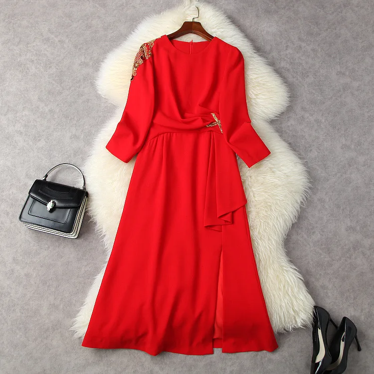 European and American women's wear spring 2022 new Nine - part sleeve sequin embroidery fashion Red dress with flounces