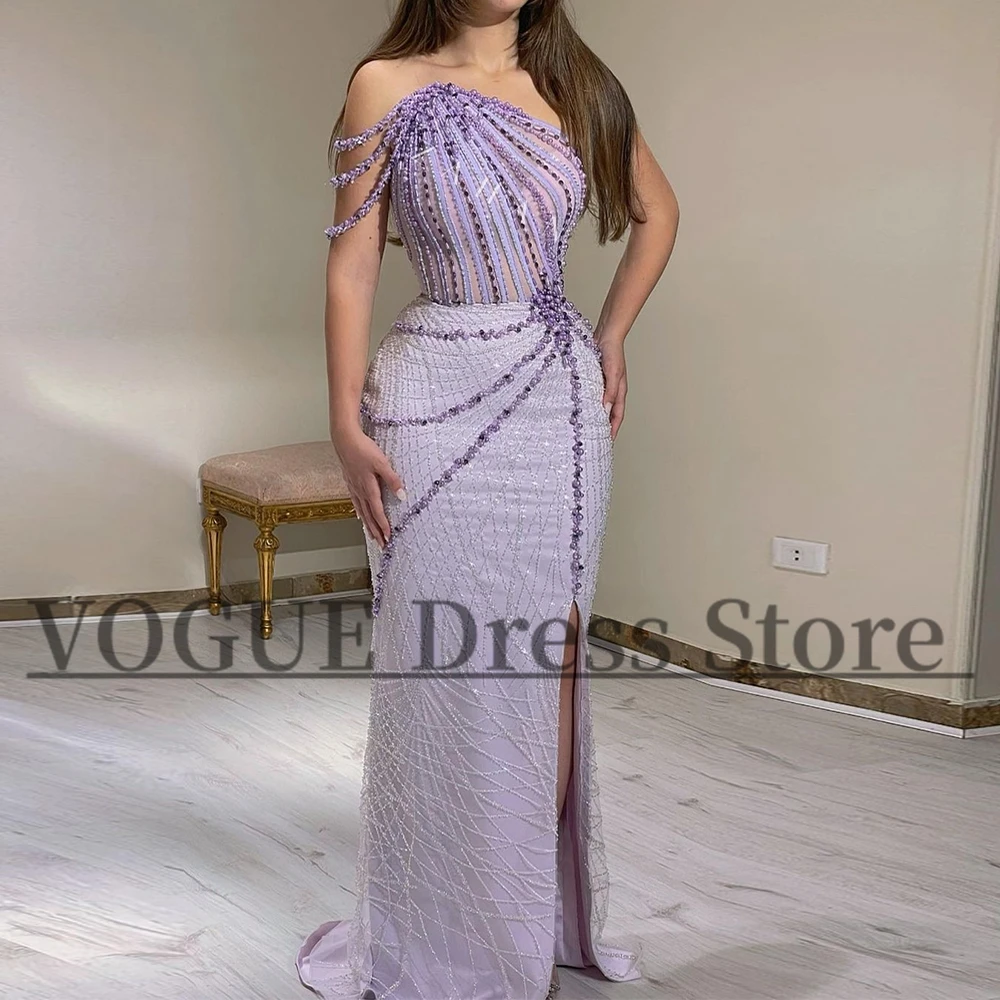 

Glitter Lilac Sequin Beadings Memraid Evening Dresses for Musilm Floor Length Saudi One Shoulder Prom Dress Split vestidos