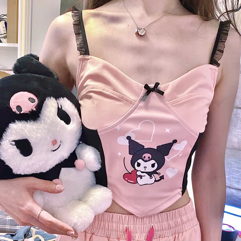 

Sanrioed Pompom Purins Kuromi Cinnamoroll Cartoon Kawaii Original Contrasting Colors Lace Corset Suspenders Vest Underwear