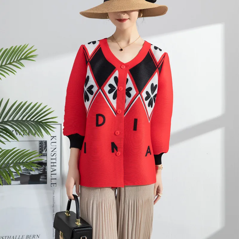 

Miyake pleated women's short spring and autumn coat women's 2022 new print loose plus size round neck single breasted tops women