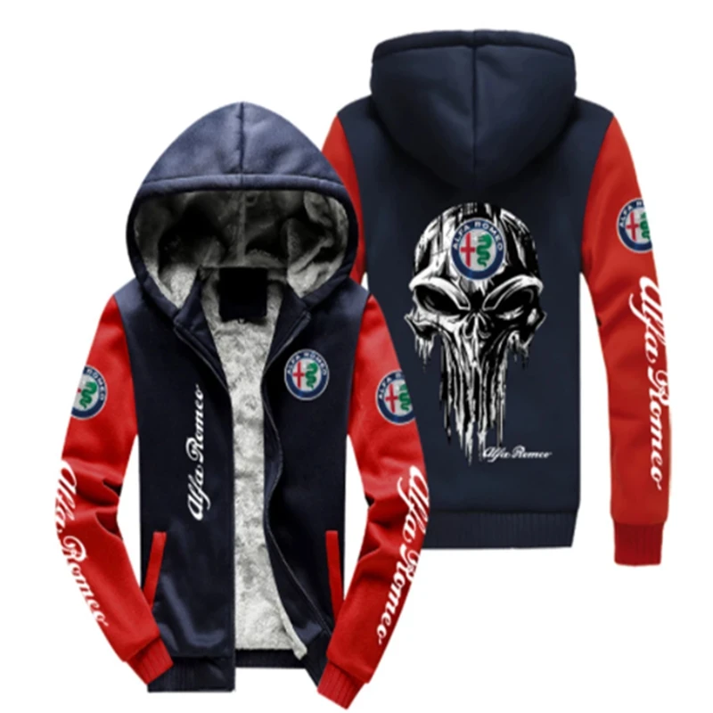 

NEW wintertime Men Alfa Romeo Logo Cartoon Thicken Hoodie Mens Zipper Winter Warm Fleece Coat Male Tracksu V