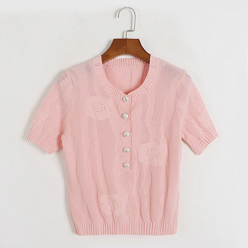 

Pink Color Hollow Out Knitted Pullovers Summer Short Sleeves Crop Short Jumpers Tops Tees