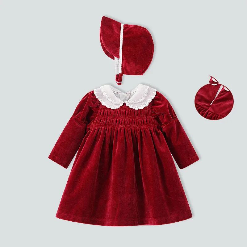 

2023 Autumn Winter Baby Girls Dress Cotton Fleece Long Sleeve Plus Velvet Fitted Waist Ruched Toddler Girl Frocks Kid Girl Dress