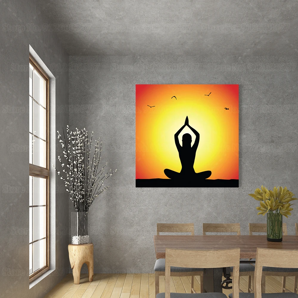 Плакат с принтом женщины на закате для йоги подарок любителей Картина холсте