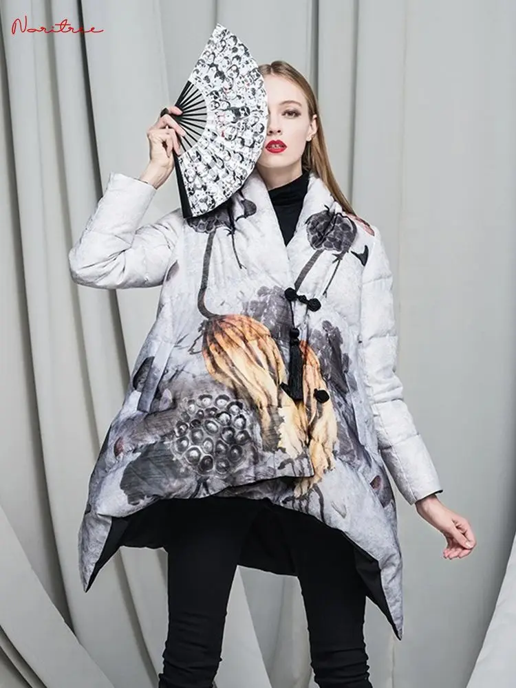 

Chinoiserie Chinese Ink Painting Winter Fluffy Warm Down Coats women's Irregular Thick Warm was thin thicker warm Parkas WY1611