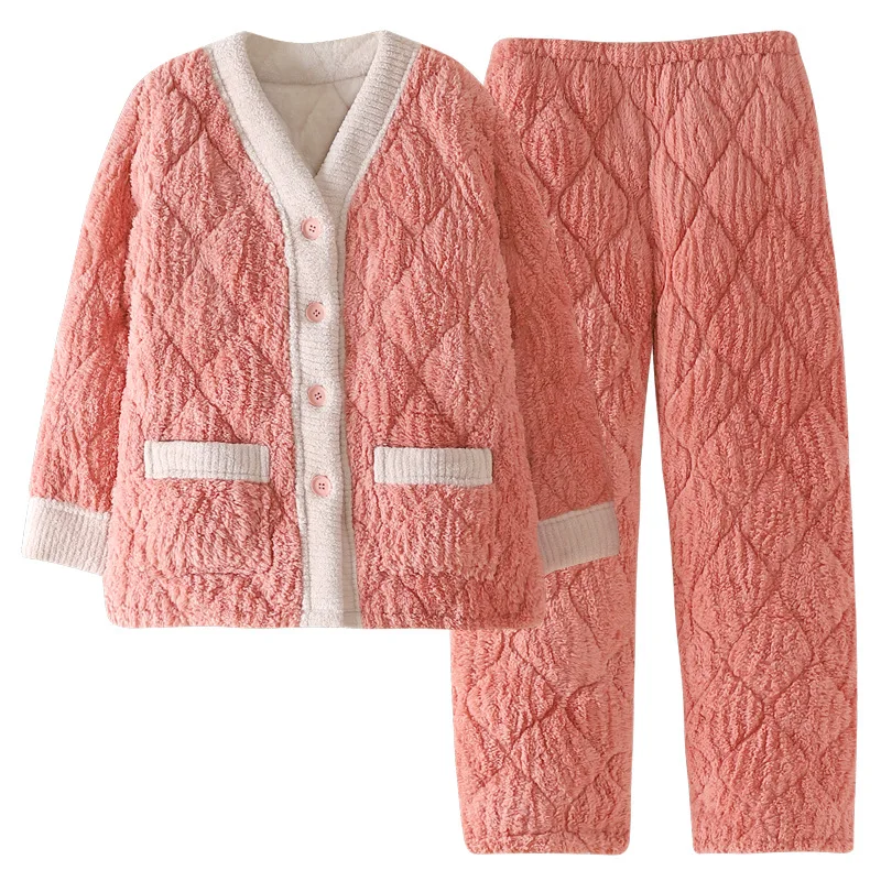 Women Winter Flannel Pajama Set Fleece Sleepwear Homewear Thick Warm Coral Fleece Female Suit Fall Sweatshirt Ladies Pyjamas
