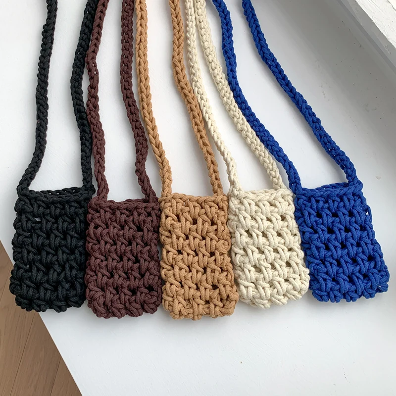 

2022 Women's Beach Bag Hollow Out Mini Crossbody Phone Bag Cotton Thread Woven Shoulder Bag Knitted Ladies Purse Bag Whole Sale