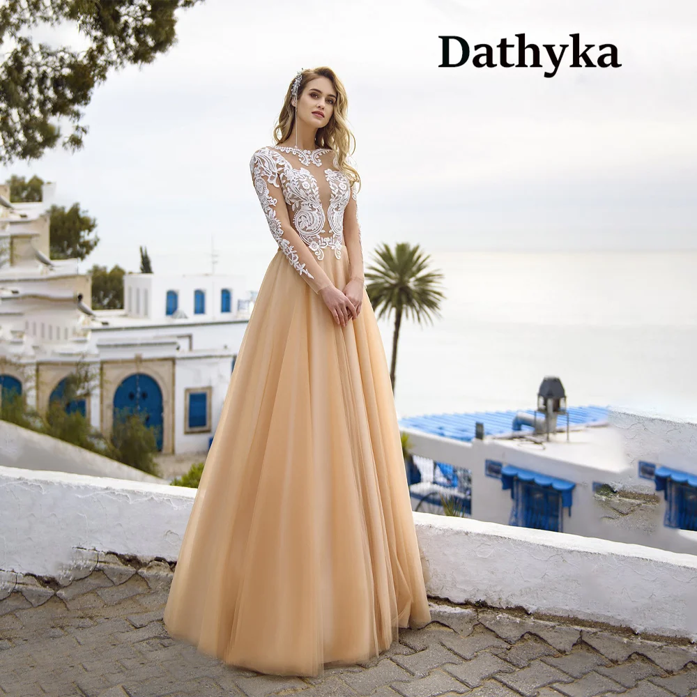 

Dathyka O-Neck Simple Wedding Dresses For Bride Full Zipper Floor-Length Chiffon Button Lace Illusion Floral Print Sheath Robe