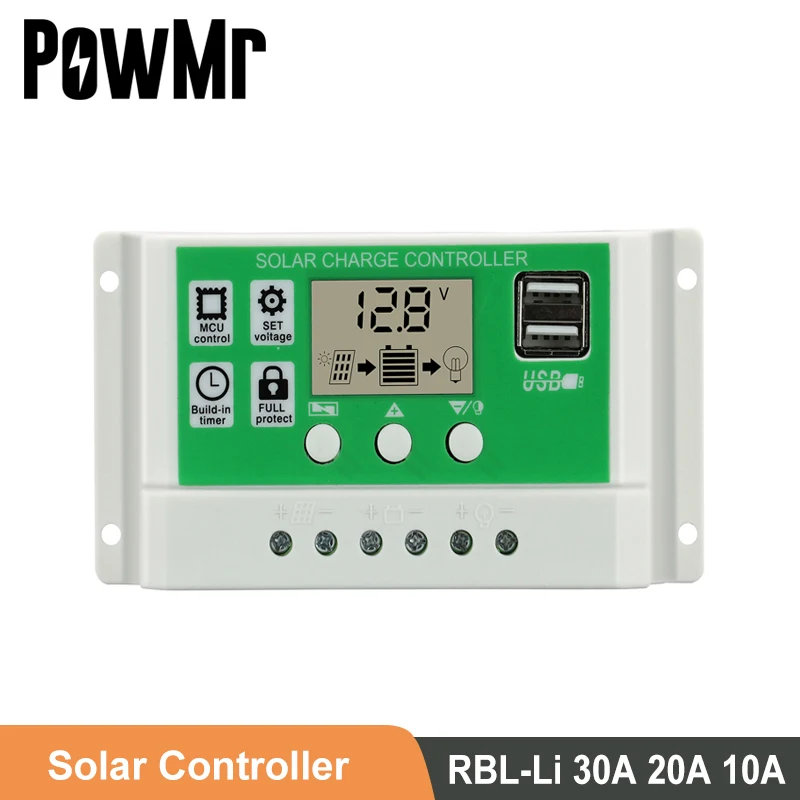 

Зарядное устройство PowMr на солнечной батарее, контроллер заряда для литиевых аккумуляторов 30 А 20 А 10 а, с двумя USB-портами, солнечный регулято...