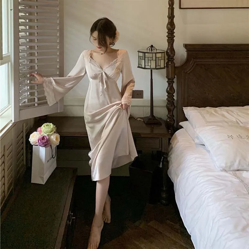 Women Nightgowns French Court Style Nightdress Solid V-neck Lace Bow Lace Long Dress Fairy Sweet Elegant Casual Chic Nightdress