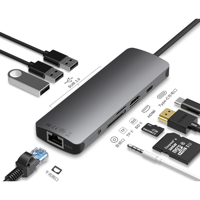 USB-концентратор 9 в 1 с HDMI 4K Ethernet 100 Вт PD Thunderbolt 3 стандартным портом данных USB 0 SD/TF Type C
