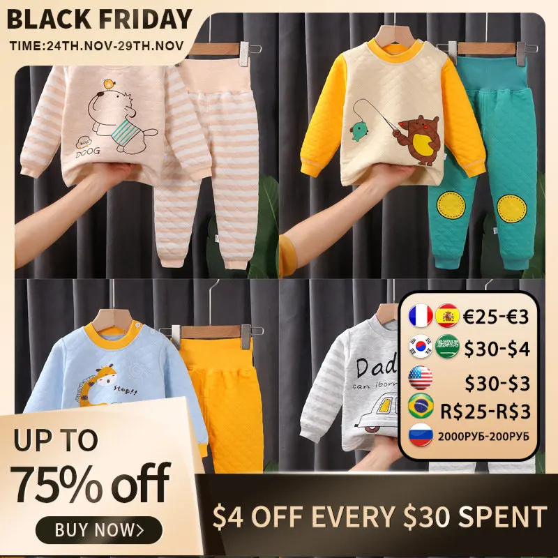 

Зимний Детский Теплый комплект нижнего белья, трехслойный хлопковый сэндвич-костюм для малышей с высокой талией и защитой живота, бархатна...