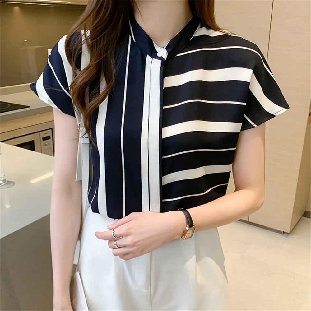 

Elegant Women's summer blouses short sleeve striped chiffon woman tops women shirt blouse chemise femme blusas blusa feminina