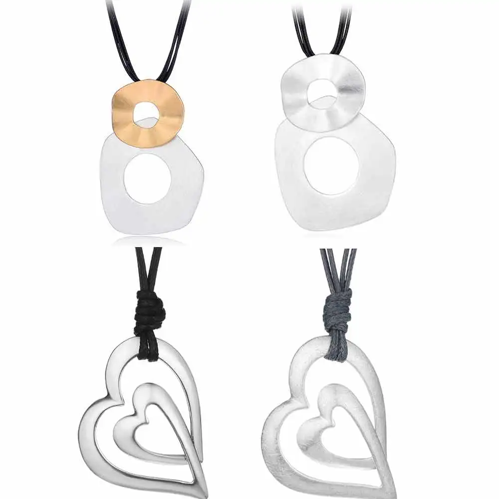 

Shineland Multilayer Black PU Leather Double Irregular Round Hollow Drawing Necklace Pendants For Women Men Maxi Punk Jewelry