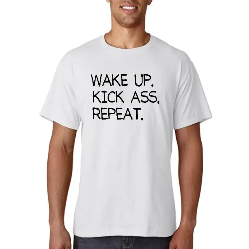 FTD Apparel Men's Wake Up. Kick Ass. Repeat. Workout Gym Motivation T Shirt- White
