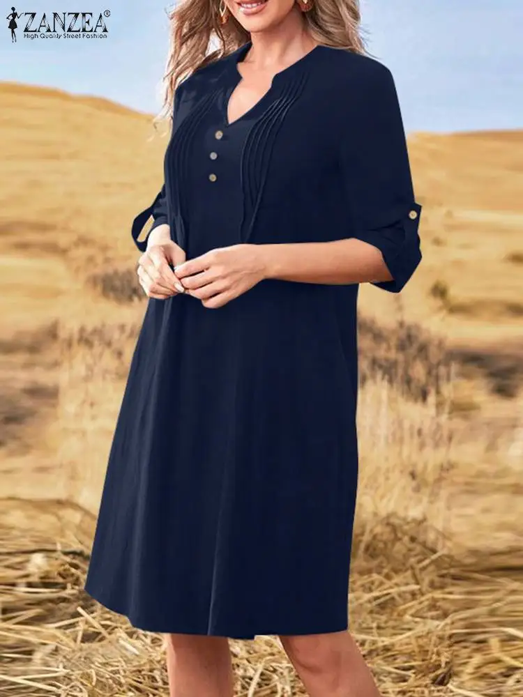 

ZANZEA Fashion Solid Color Dresses Casual Loose V Neck Mini Vestido Women Pleats Buttons Short Robe 2023 New Elegant Retro Dress