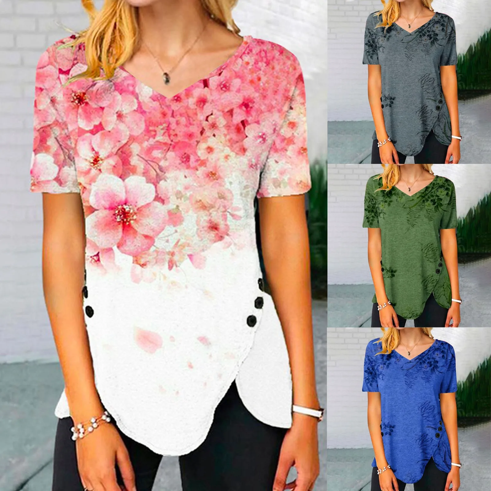 

Womens Summer Loose Fitting Tops Short Sleeve Floral Print Button Trim Tees Ladies Teen Girls Casual Loose Streetwear 2022