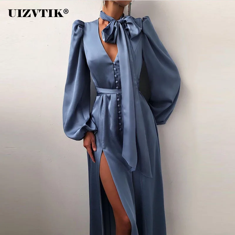 

2022 New Fashion Spring Lantern Sleeve Midi Satin Dress Women Elegant Sexy V Neck Split Single Breasted Long Party Dresses White