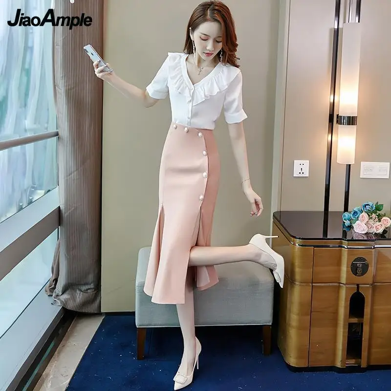 

Women's Fashion V-Neck Chiffon Shirt Top Dress Suit 2022 Summer Casual Blosue Slit Ruffle Skirt Two Piece Korean Elegant Set
