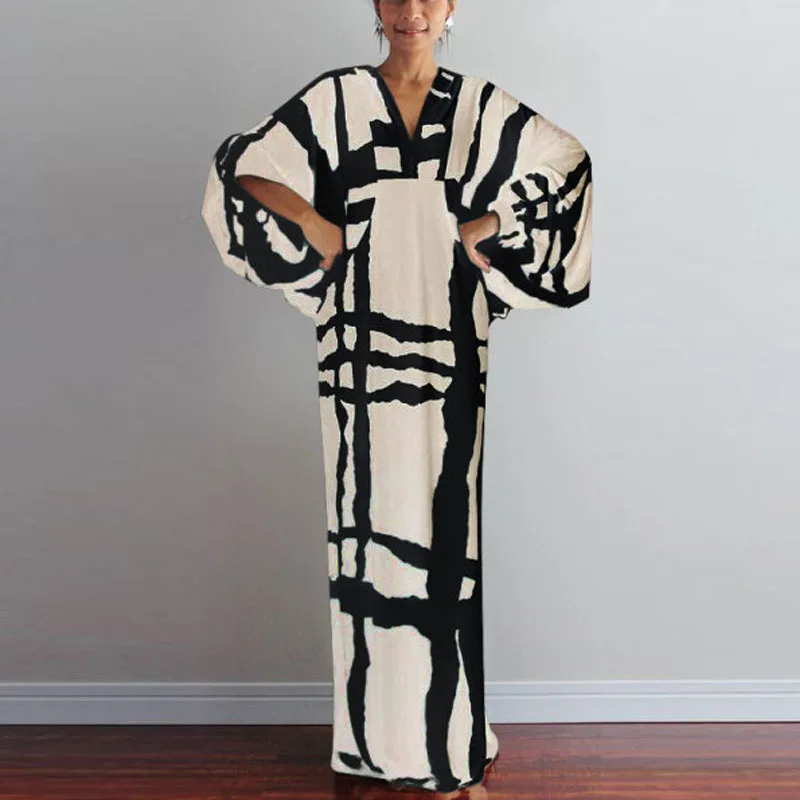 Женское платье-макси в горошек с V-образным вырезом и длинным рукавом