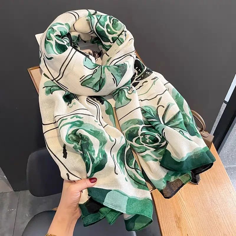 Korean Autumn Winter Scarf Women's Cotton Linen with Flower Shawl Versatile Fashion Wrap Accessories