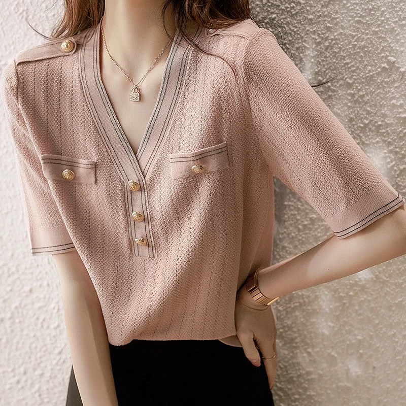 

Summer New Women Knitted Tops Short Sleeve Slim Thin Solid T-Shirts Female Casual Button V Neck Fashion Knit T Shirt Tees Femme